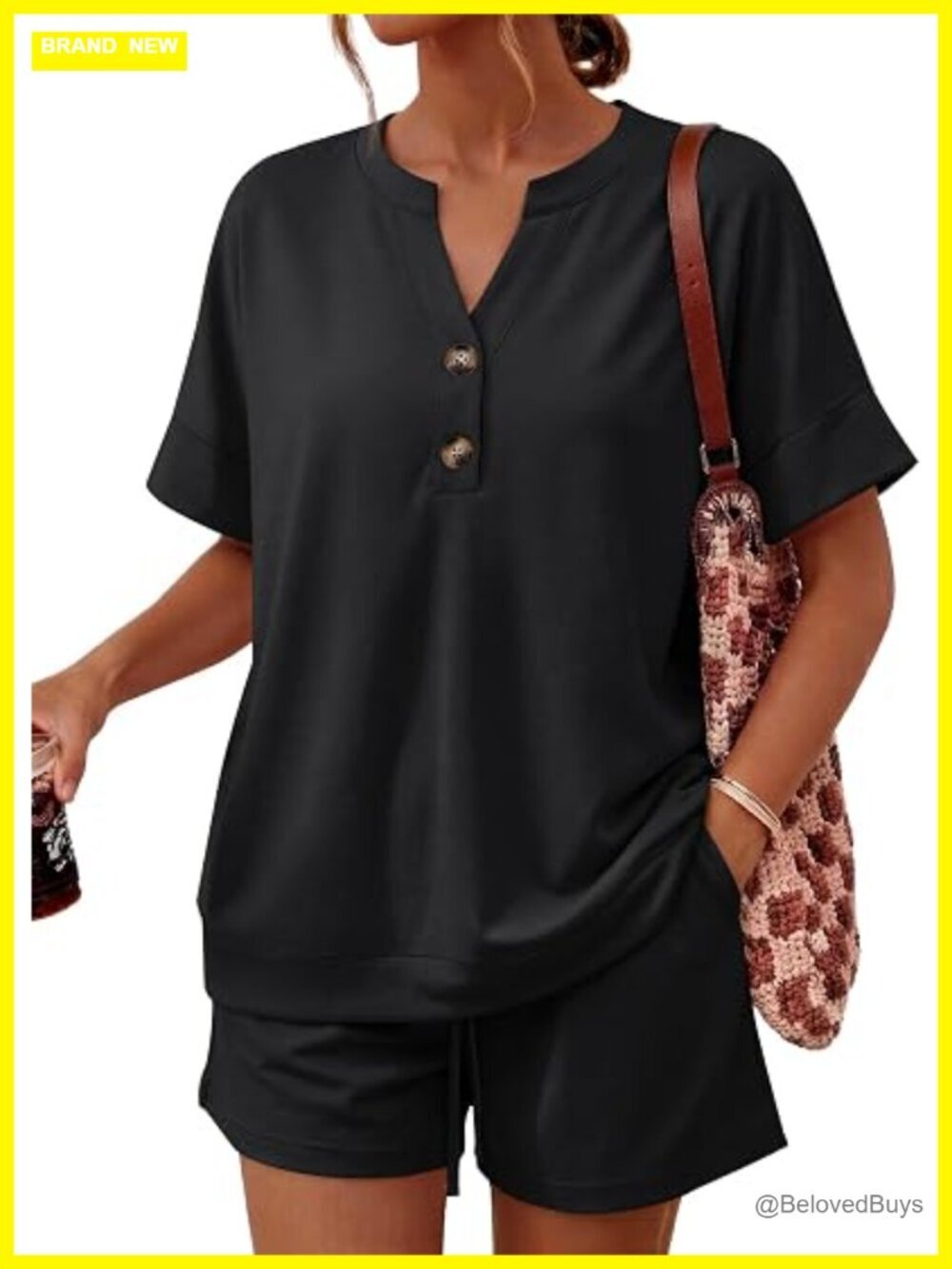 Oversized 2 Piece Lounge Set: Henley Top & Shorts, Rayon Wrinkle Resistant